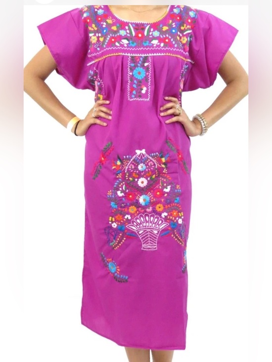 Dresses & Skirts - Mexican bohemian Embroidered Floral Dress Pink Boho Midi Oaxaca Style S/M